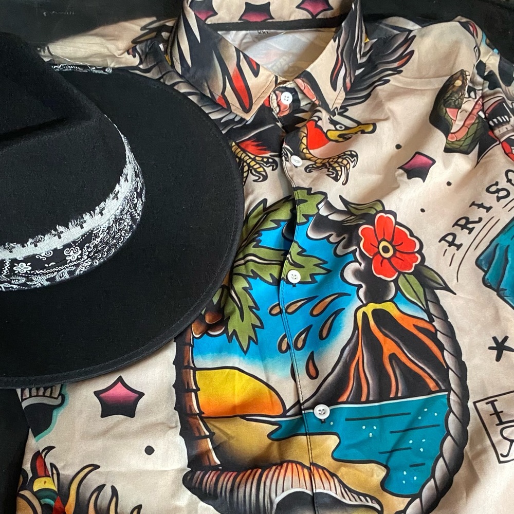 Tropical Tattoo-Style Button-Up Shirt in Blue & Cream Ed Hardy style